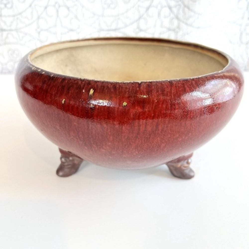 Three Footed Ceramic‎ Bowl Red Glaze Faces on Feet